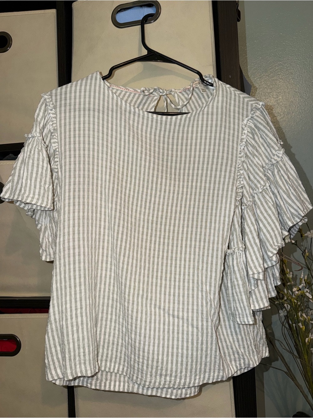 Striped Ruffle Sleeve Women’s Top - Green/White